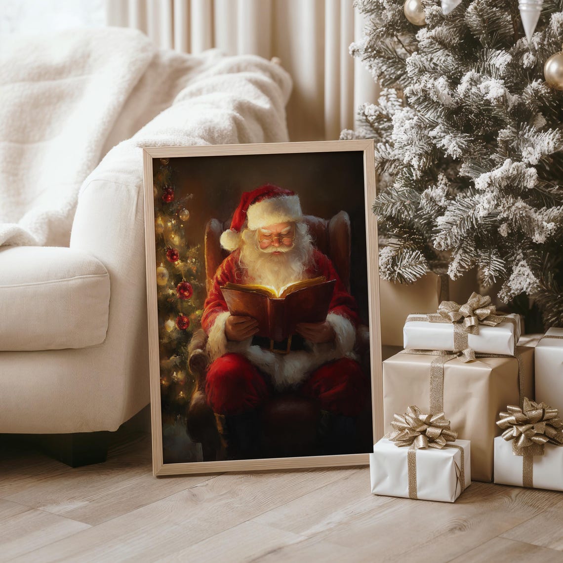 Santa Claus Reading Glowing Book Armchair Christmas Tree Poster - Image 2