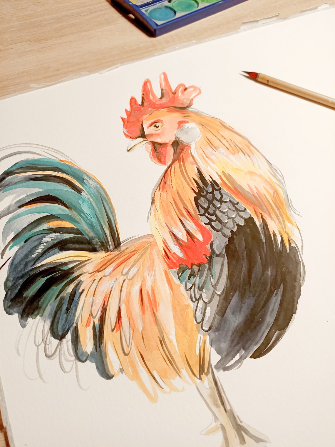 Rooster Gockel Picture Poster A4 21 X 30 Cm Watercolor Print Decoration Gift Chicken Coop Hand Painted Animal Picture Art Print Country Life Village Black Forest - Image 2