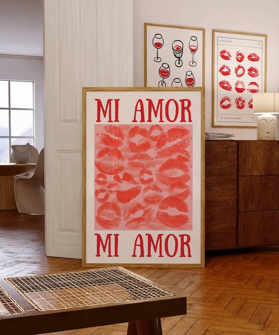 Mi Amor Red Lipstick Kiss Prints Maximalist Love Wall Poster