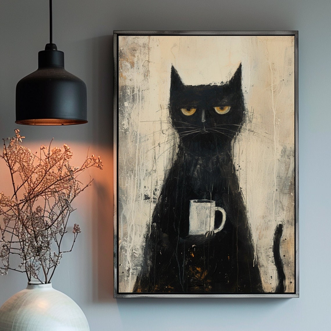 Black Cat With A Coffee Painting Funny Art Poster Minimal Wall Expressionism