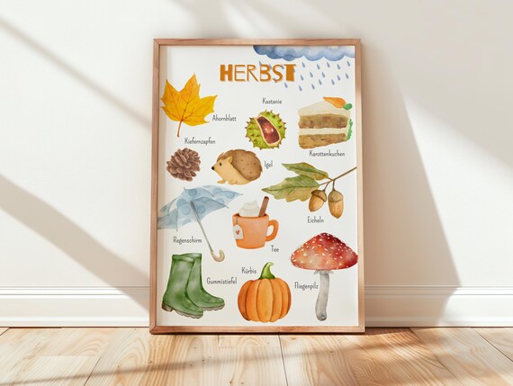 German Autumn Vocabulary Watercolor Kids Educational Learning Poster