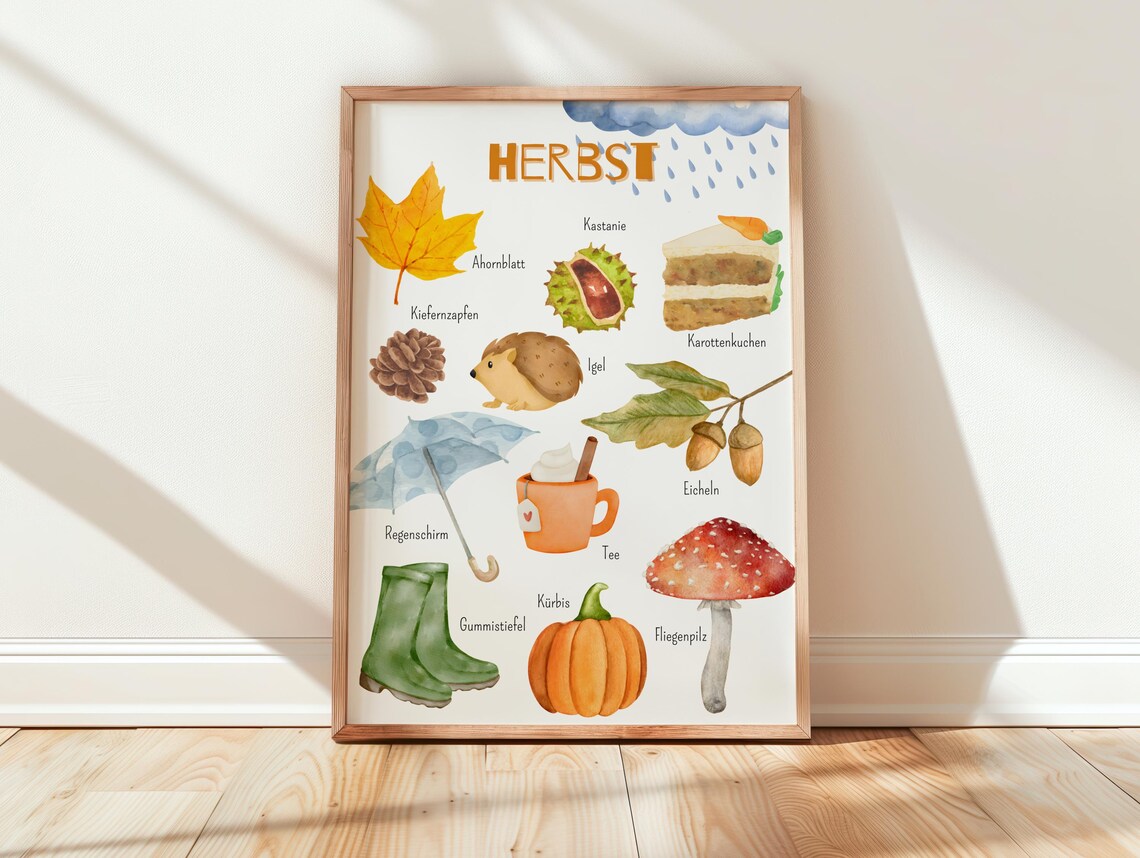 German Autumn Vocabulary Watercolor Kids Educational Learning Poster