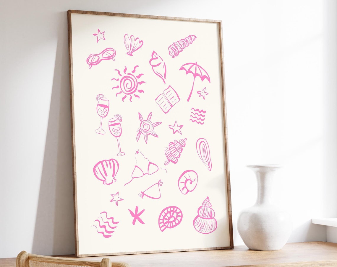 Blush Pink Coastal Icons Hand Drawn Summer Doodle Pattern Poster