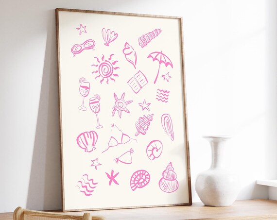 Blush Pink Coastal Icons Hand Drawn Summer Doodle Pattern Poster