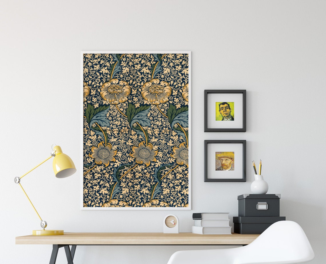 William Morris Kennet 1902 Floral Textile Pattern Poster Navy and Gold