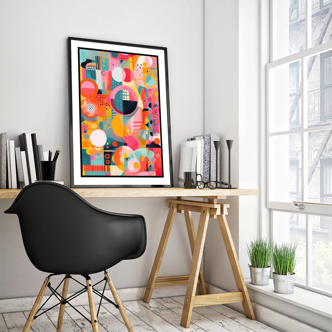 Playful Mid Century Abstract Circles in Coral and Teal Poster - Image 3