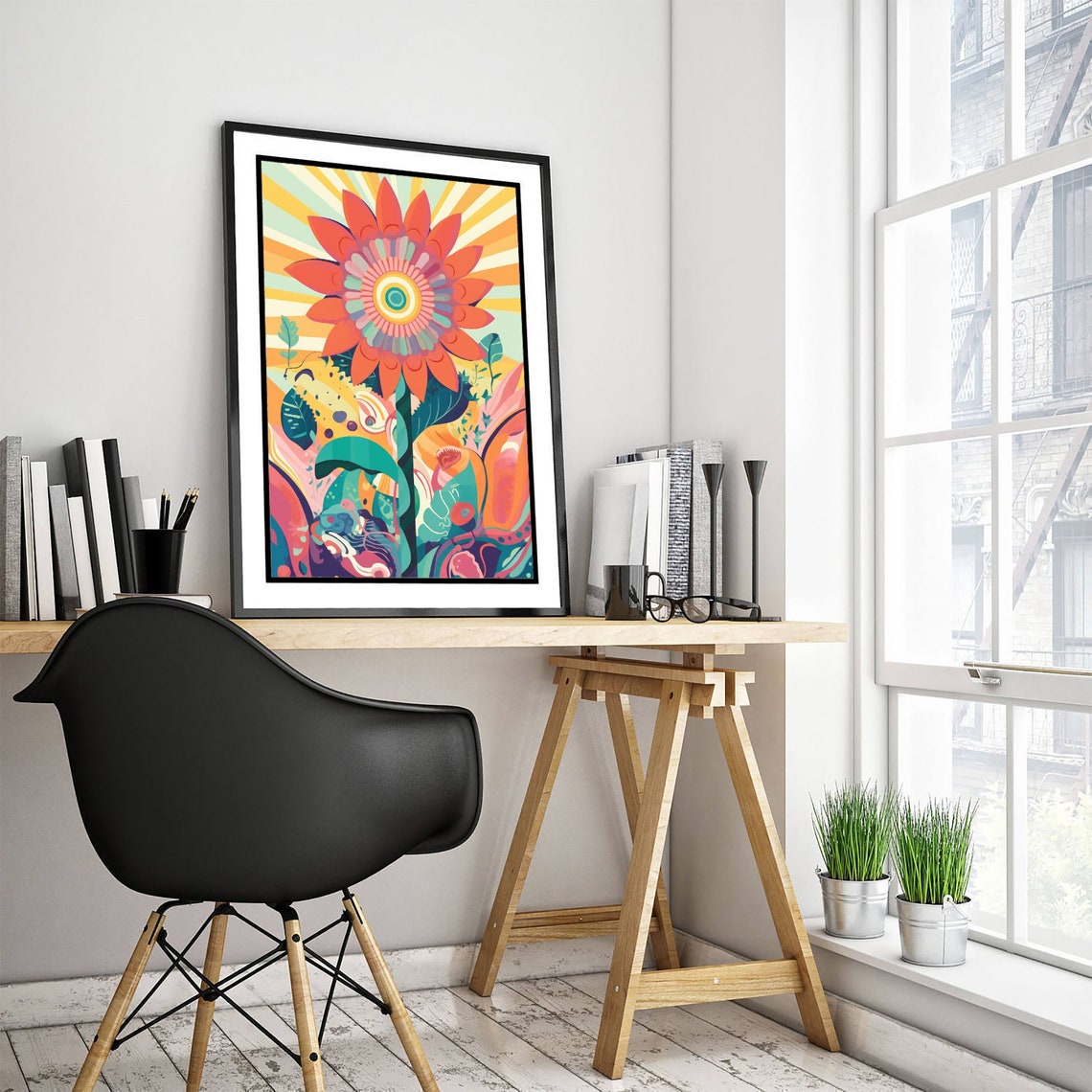 Psychedelic Sunflower Bloom Radiating Sunburst Abstract Poster - Image 3