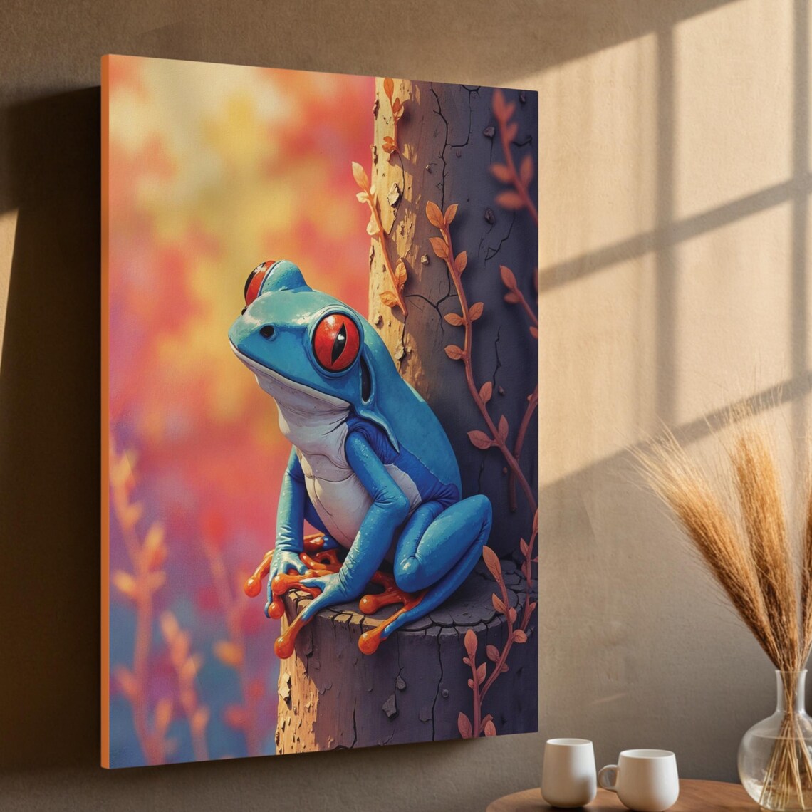 Blue Tree Frog Red Eyes Sunset Branch Wildlife Nature Art Poster