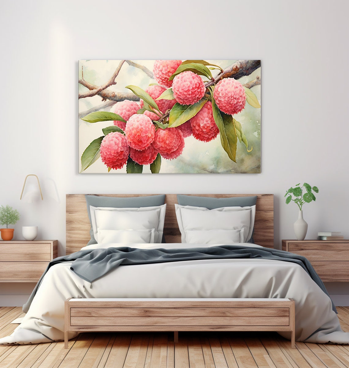 Pink Lychees Branch Watercolour Botanical Kitchen Wall Art Print - Image 2