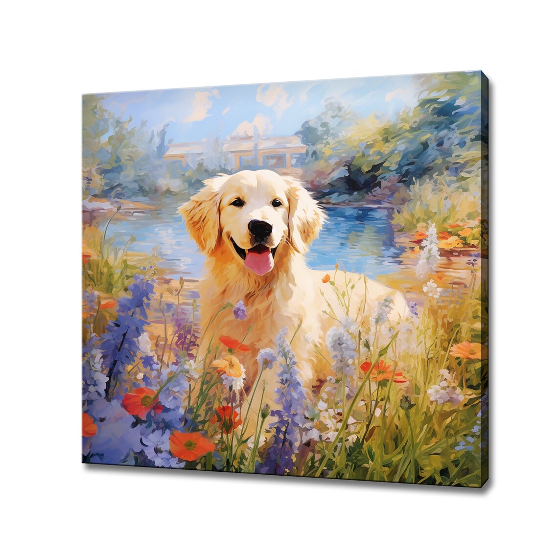 Golden Retriever Dog By Lake Flowers Colorful Pet Wall Print