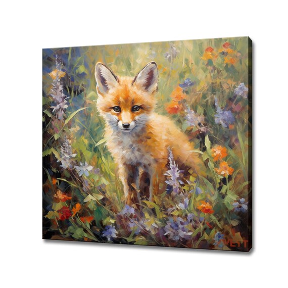 Baby Red Fox In Wildflower Field Painterly Wildlife Portrait Poster