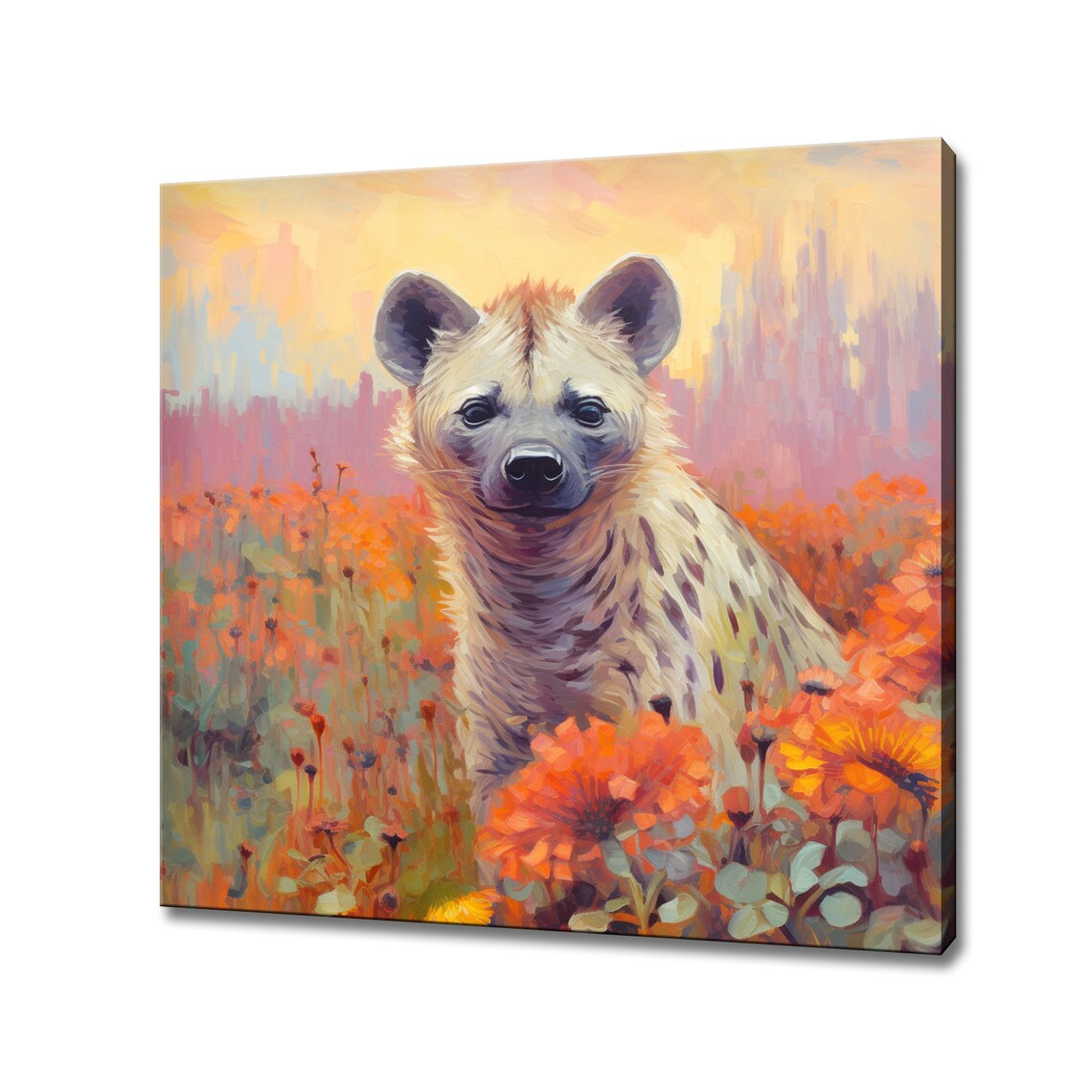 Spotted Hyena Pup Orange Wildflower Sunset Impressionist Art Print