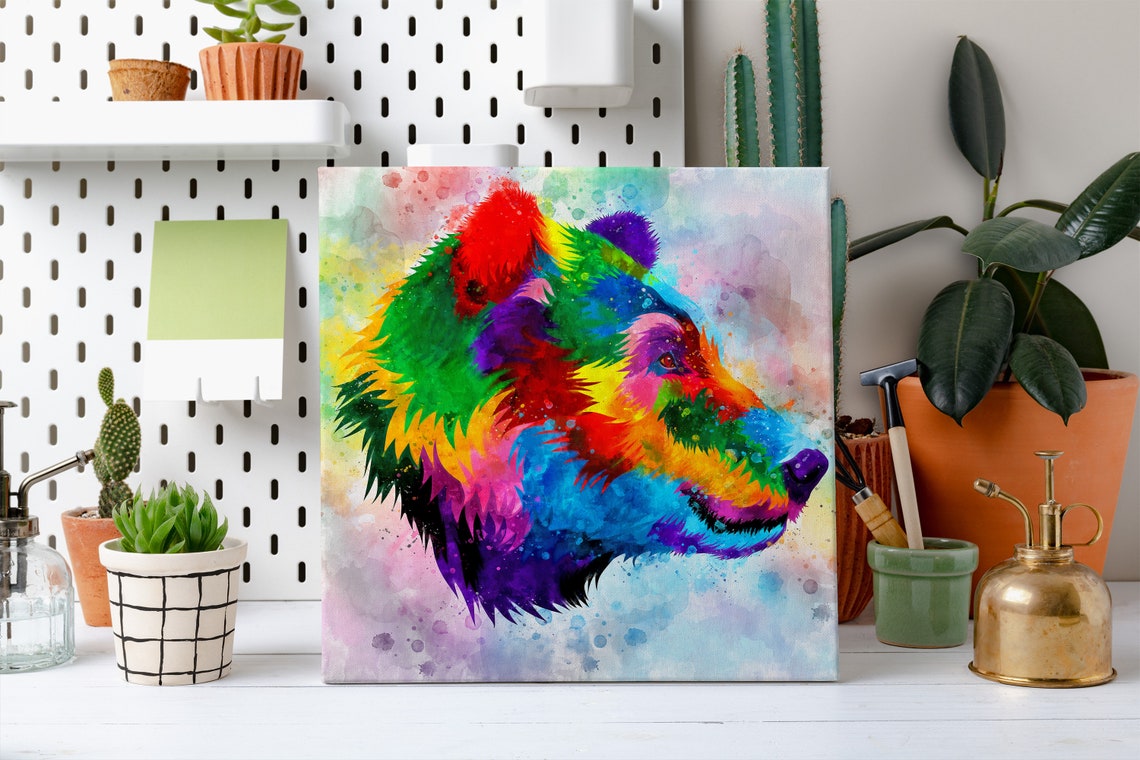 Rainbow Watercolor Bear Head Profile Colorful Abstract Animal Poster - Image 2