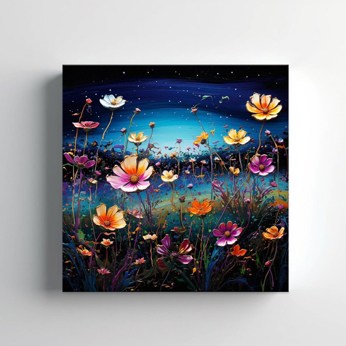 Cosmos Flower Field Starry Night Sky Oil Painting Floral Art Poster - Image 2