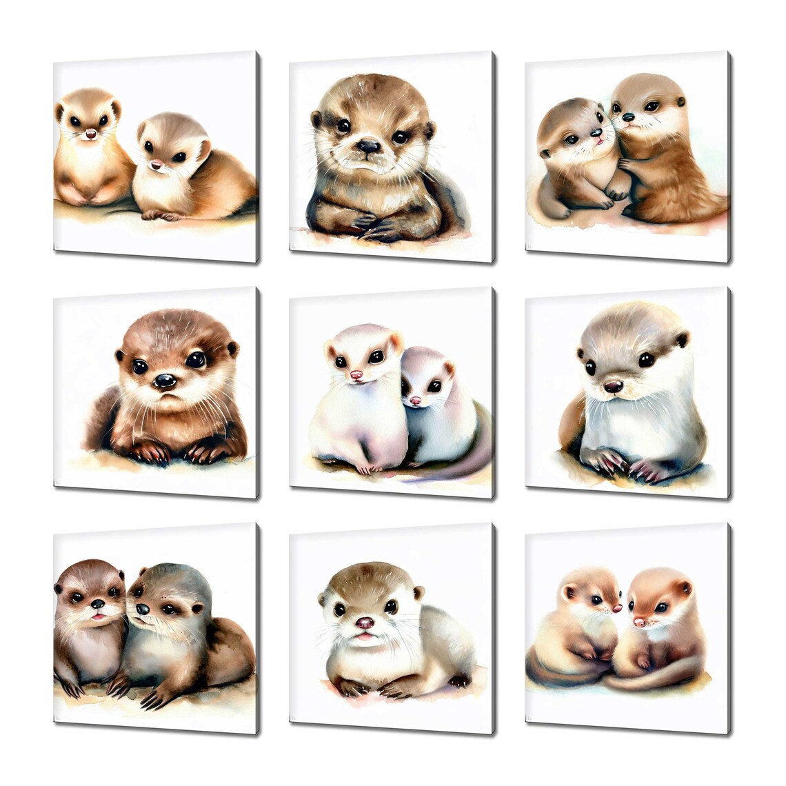 Cute Baby Otters Watercolor Art Nine Panel Nursery Kids Room Poster