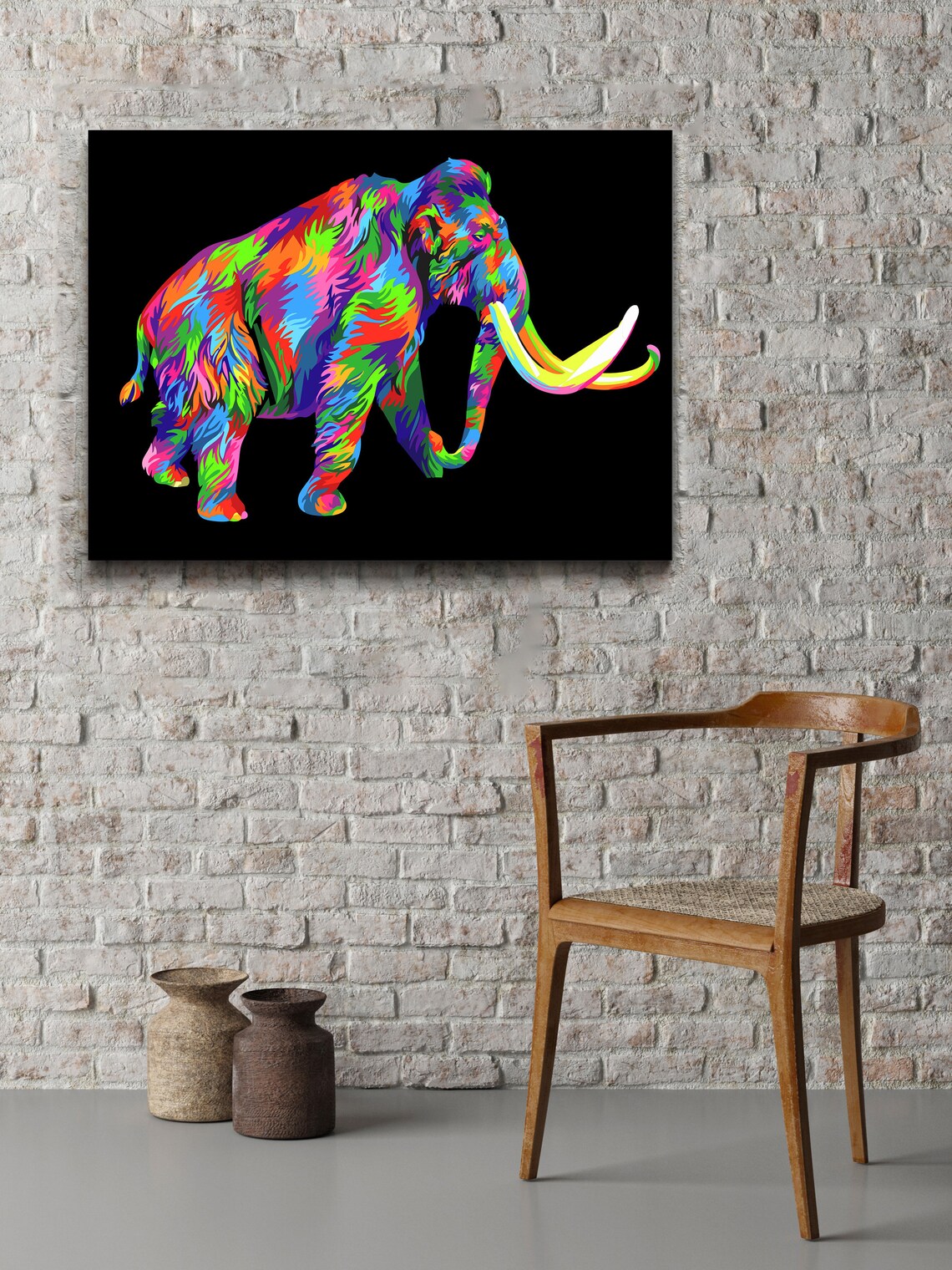 Colourful Woolly Mammoth Abstract Prehistoric Animal Black Wall Poster - Image 2