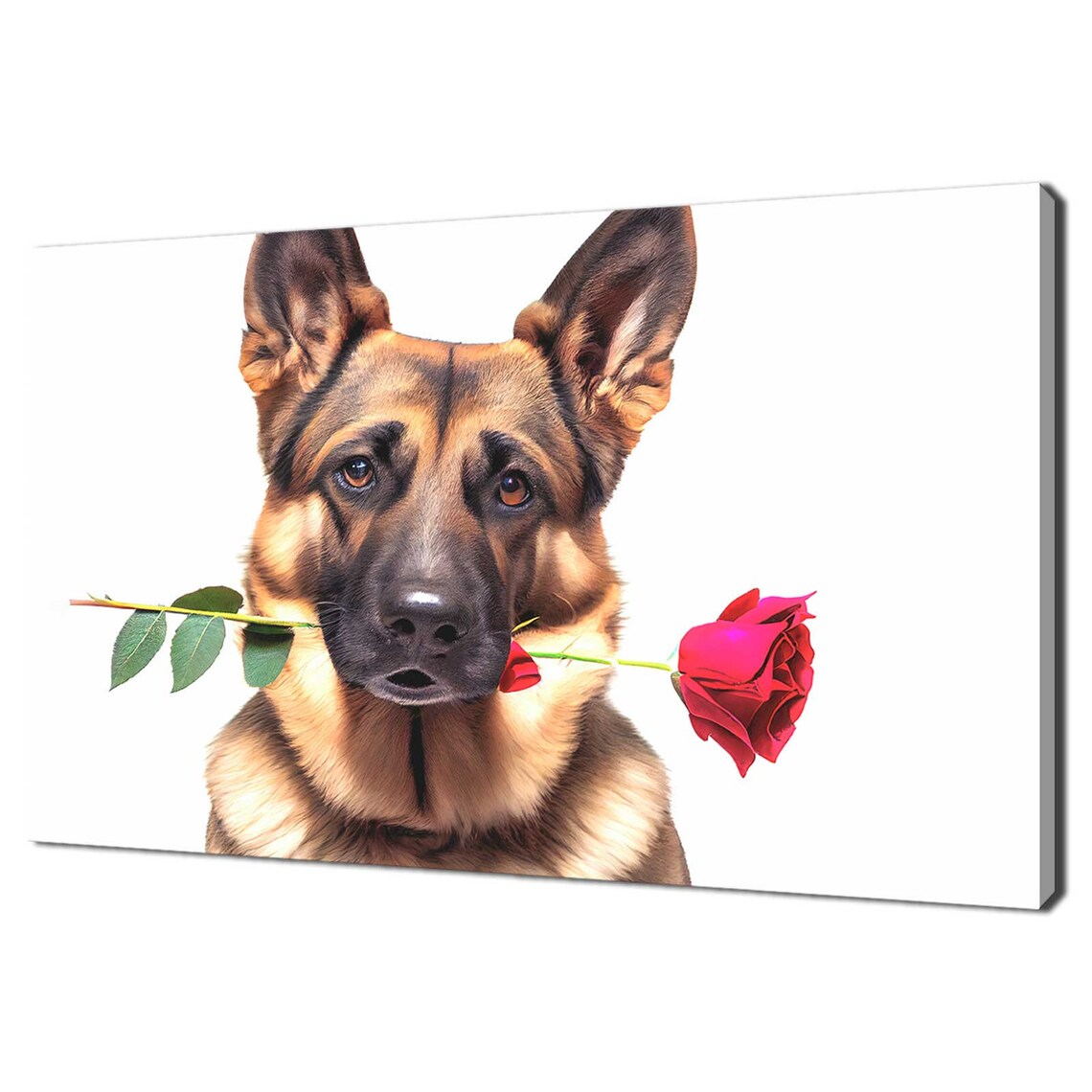 German Shepherd Dog Holding Red Rose Romantic Pet Portrait Wall Poster