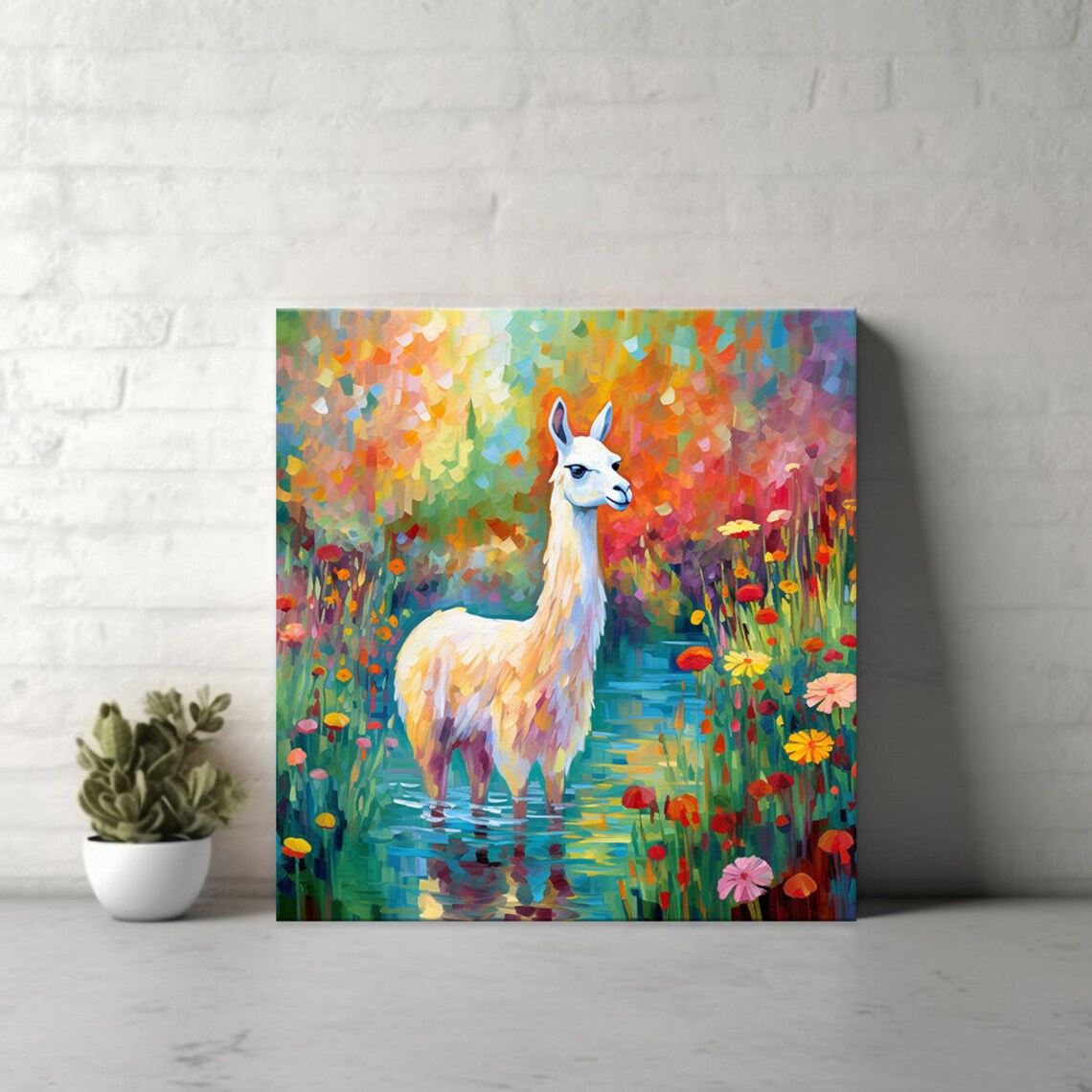 White Llama Standing in Turquoise Stream Wildflower Painting Poster - Image 4
