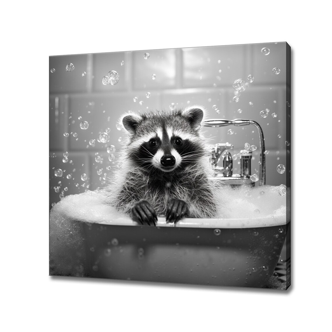 Cute Raccoon in the Bath Tub, Black White Art Print