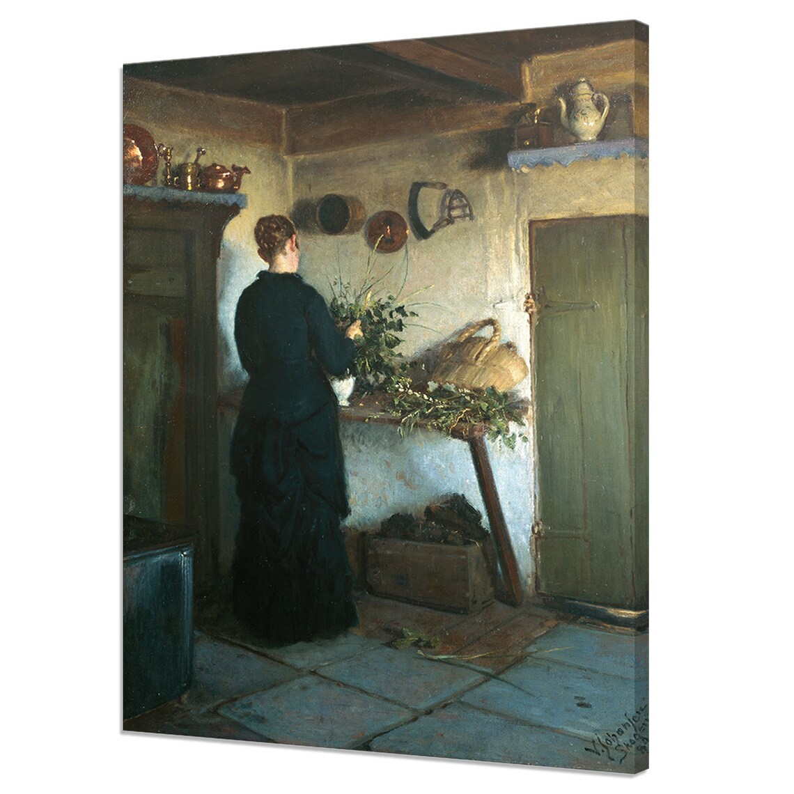 Woman Arranging Flowers Rustic Kitchen Interior Vintage Oil Art Poster