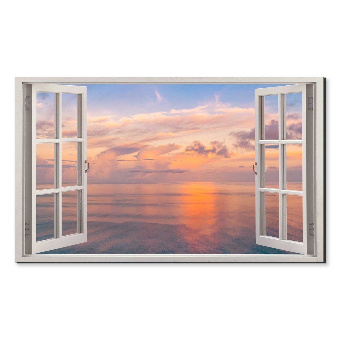 Pastel Peach Sunset Over Calm Ocean Through Open Window View Poster