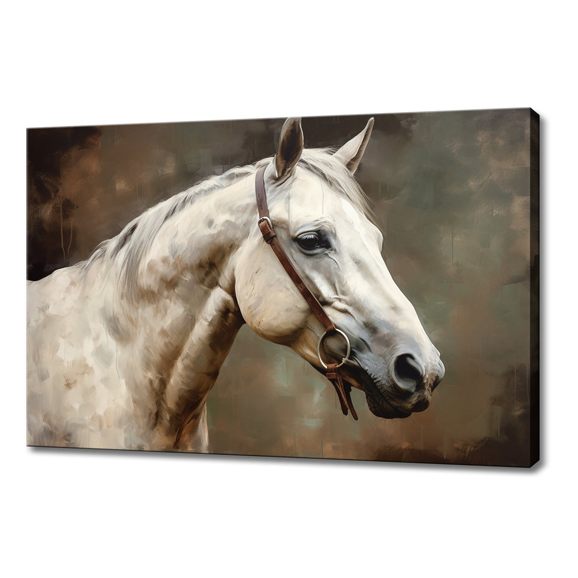 White Horse Portrait Leather Bridle Painterly Equestrian Art Poster