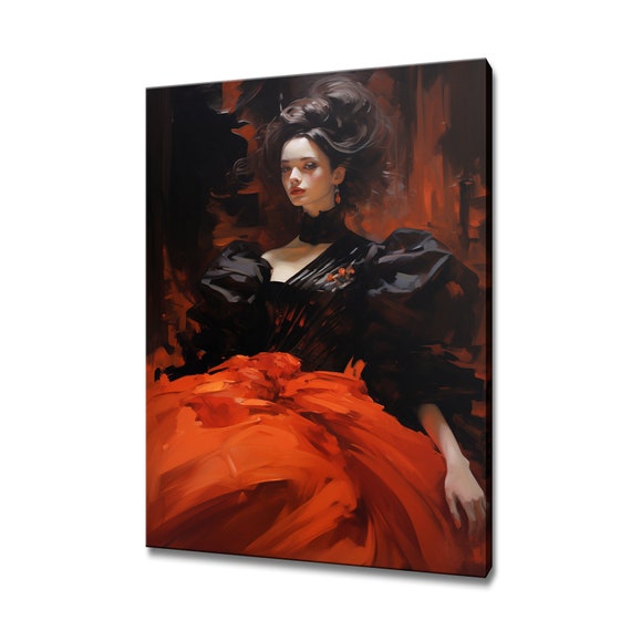 Elegant Lady In Red Black Victorian Baroque Puffy Dress Painting Style Print Modern Home Decor Fashion Wall Art Gift For Her