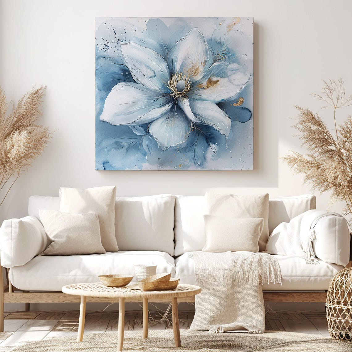White Blue Gold Watercolor Flower Abstract Botanical Modern Art Print - Image 3