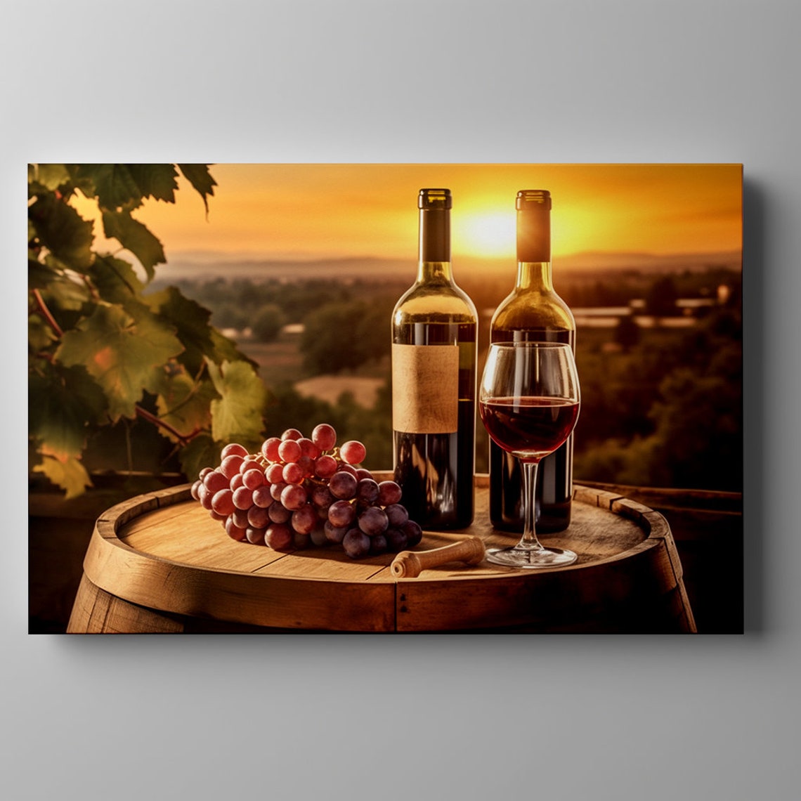 Wine Bottles Grapes Glass On Barrel Sunset Vineyard Hills Art Print - Image 3