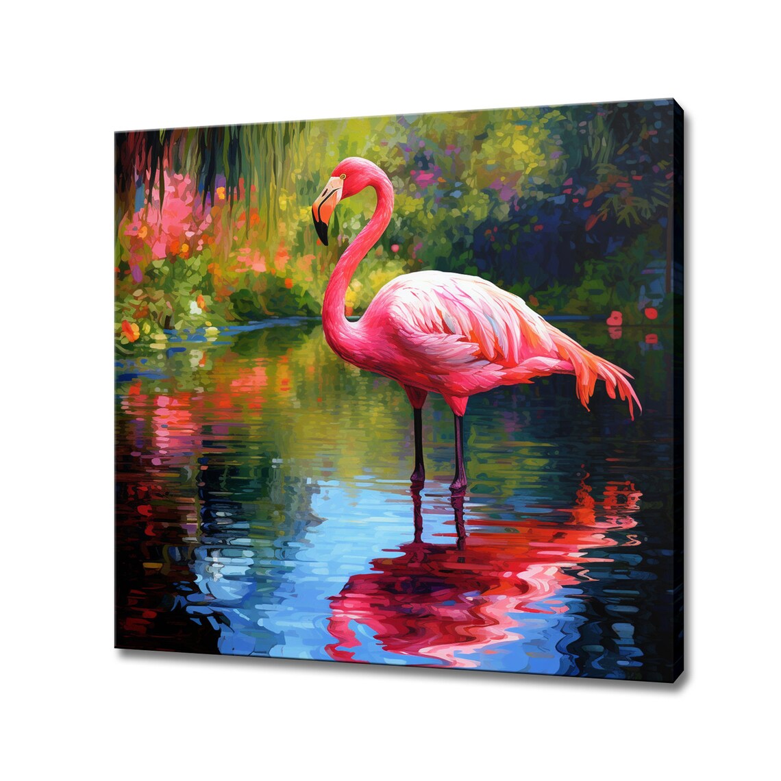 Pink Flamingo In A Tropical Pond With Lush Garden Painting Poster