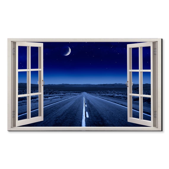 Starry Night Road Moonlight Window View Window Frame Style Modern Design Home Decor Print Wall Art Picture Ready To Hang