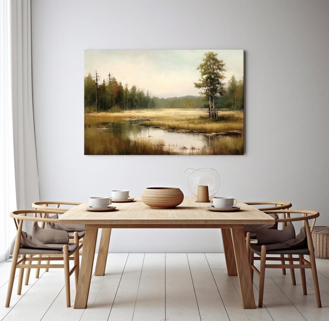 Birch Trees Misty Marsh Golden Reeds Pond Vintage Countryside Poster - Image 4