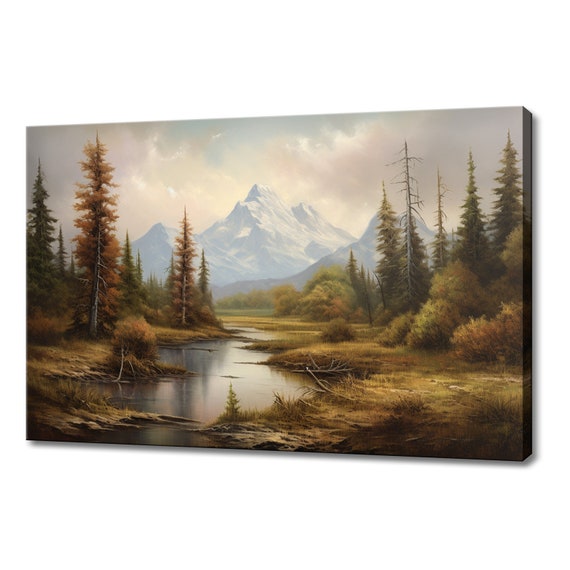 Mountains River Creek Vintage Painting Style Print Farmhouse Decor Art Neutral Nature Picture Wall Hanging Fine Art Vintage