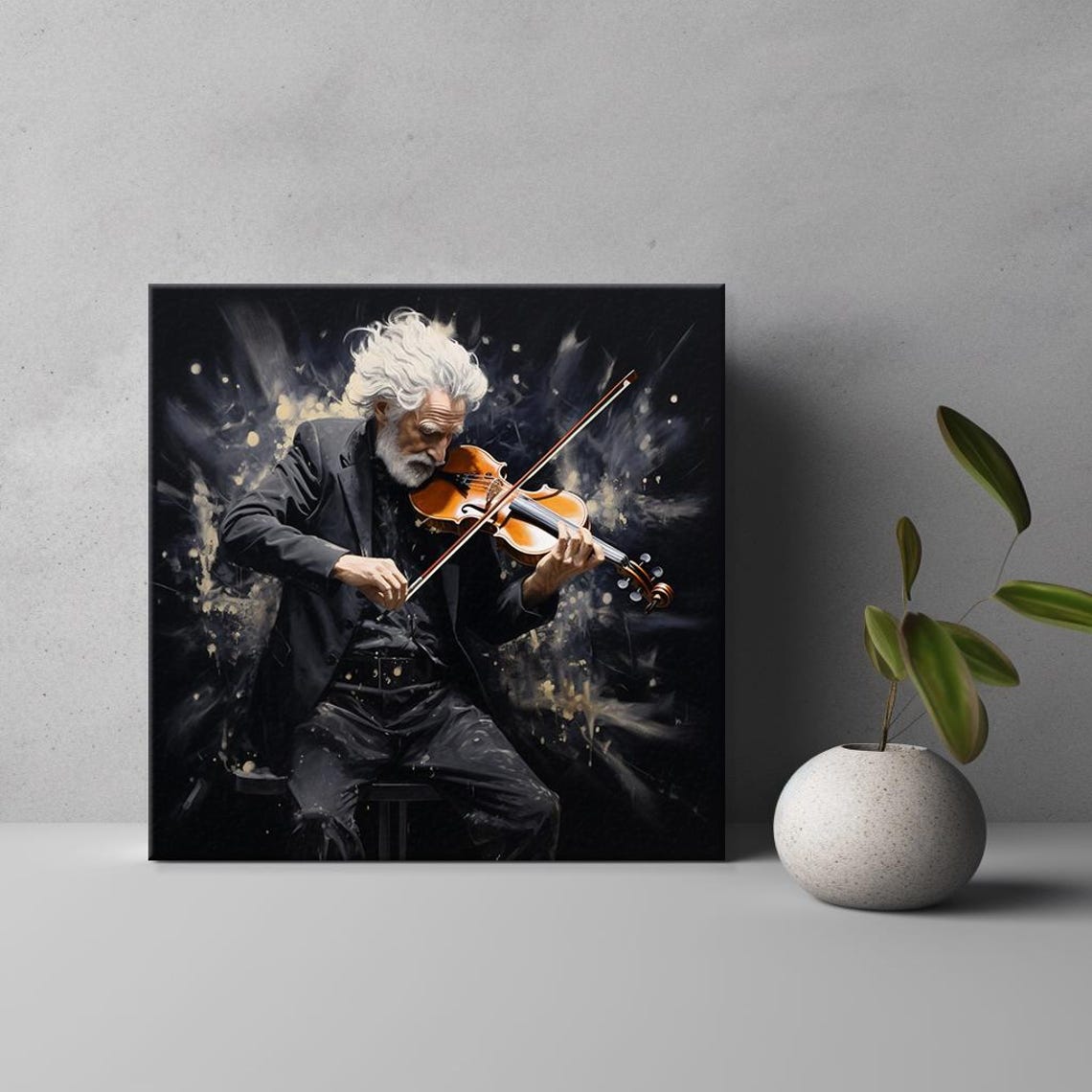 Old Violinist Seated Black Suit Classical Bow Music Art Poster - Image 3