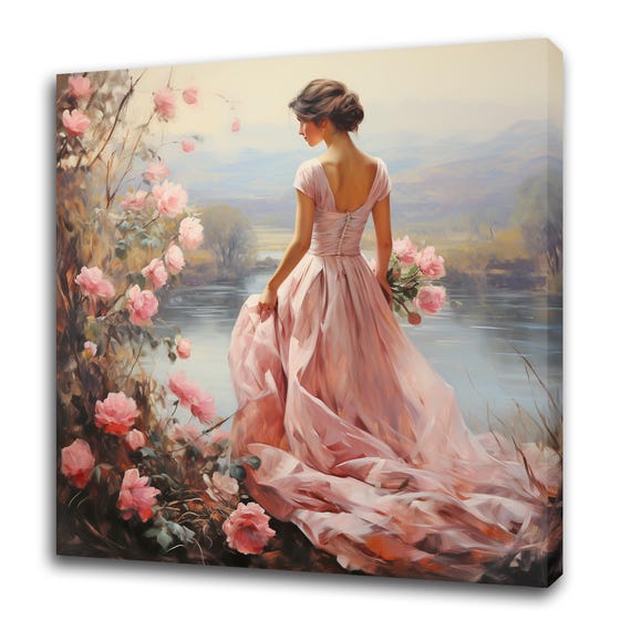 Woman Walking In Rose Garden, Victorian Vintage Art Print