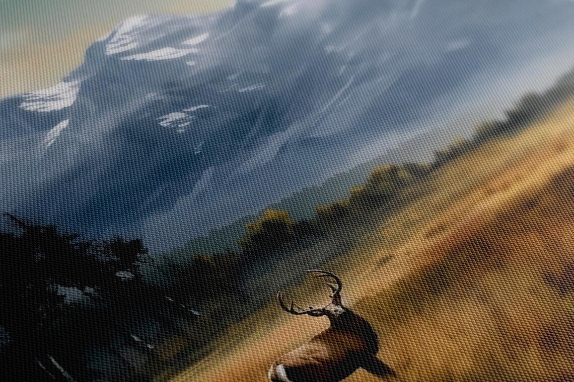 Majestic Stag In Golden Field Snowy Mountains Vintage Wildlife Poster - Image 3