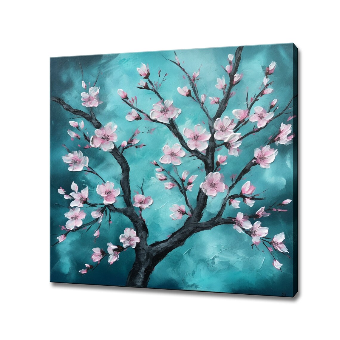 Cherry Blossom Tree Teal Background Modern Floral Oil Painting Poster