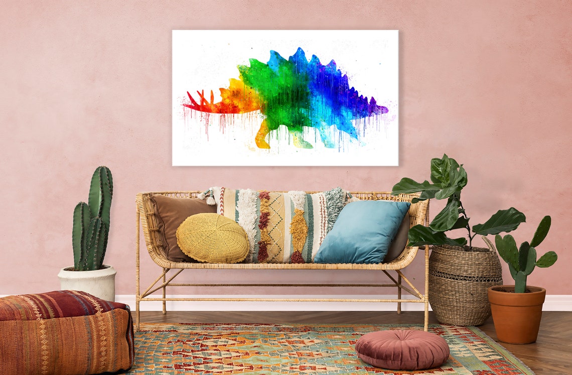 Dinosaur Stegosaurus Dino Rainbow Colourful Watercolour Modern Design Kids Room Home Decor Print Wall Art Ready To Hang - Image 2