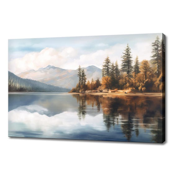 Lake By The Mountains Vintage Landscape Painting Style Print Farmhouse Decor Art Picture Wall Hanging Fine Art Print