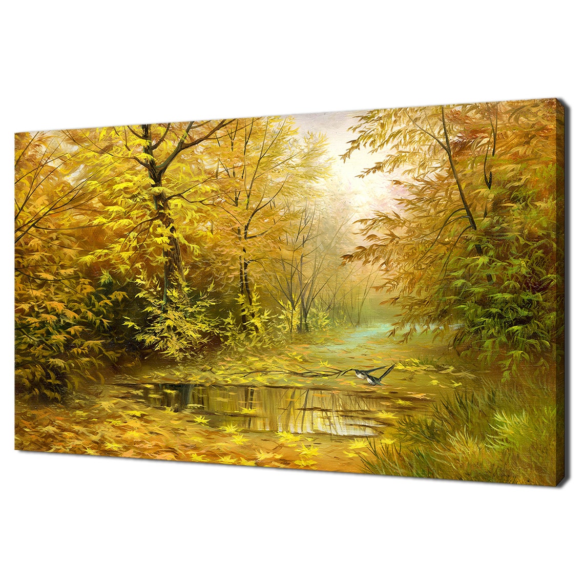 Golden Autumn Forest Path Pond Painting Fall Landscape Art Poster