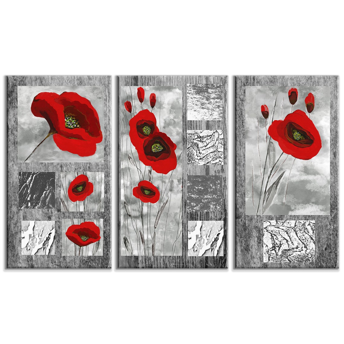 Red Poppy Flowers Grey Background Triptych 3 Panel Wall Art Poster