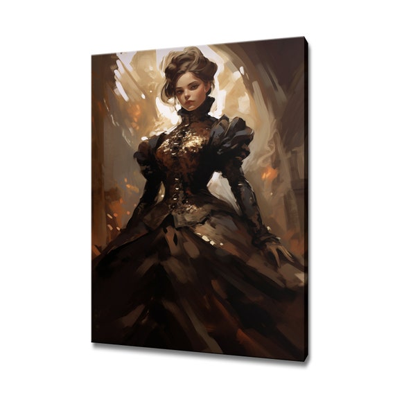 Elegant Lady In Brown Sepia Victorian Baroque Puffy Dress Painting Style Print Modern Home Decor Fashion Wall Art Gift For Her