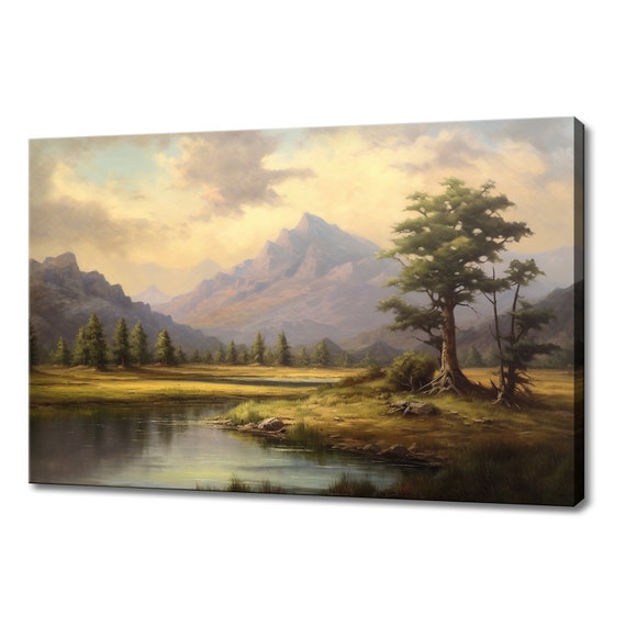 Vintage Mountains Sunset Painting Style Print Farmhouse Decor Art Neutral Nature Picture Wall Hanging Fine Art Vintage