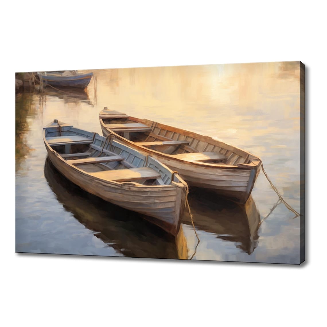 Wooden Rowboats Calm Lake Golden Hour Vintage Painting Art Poster