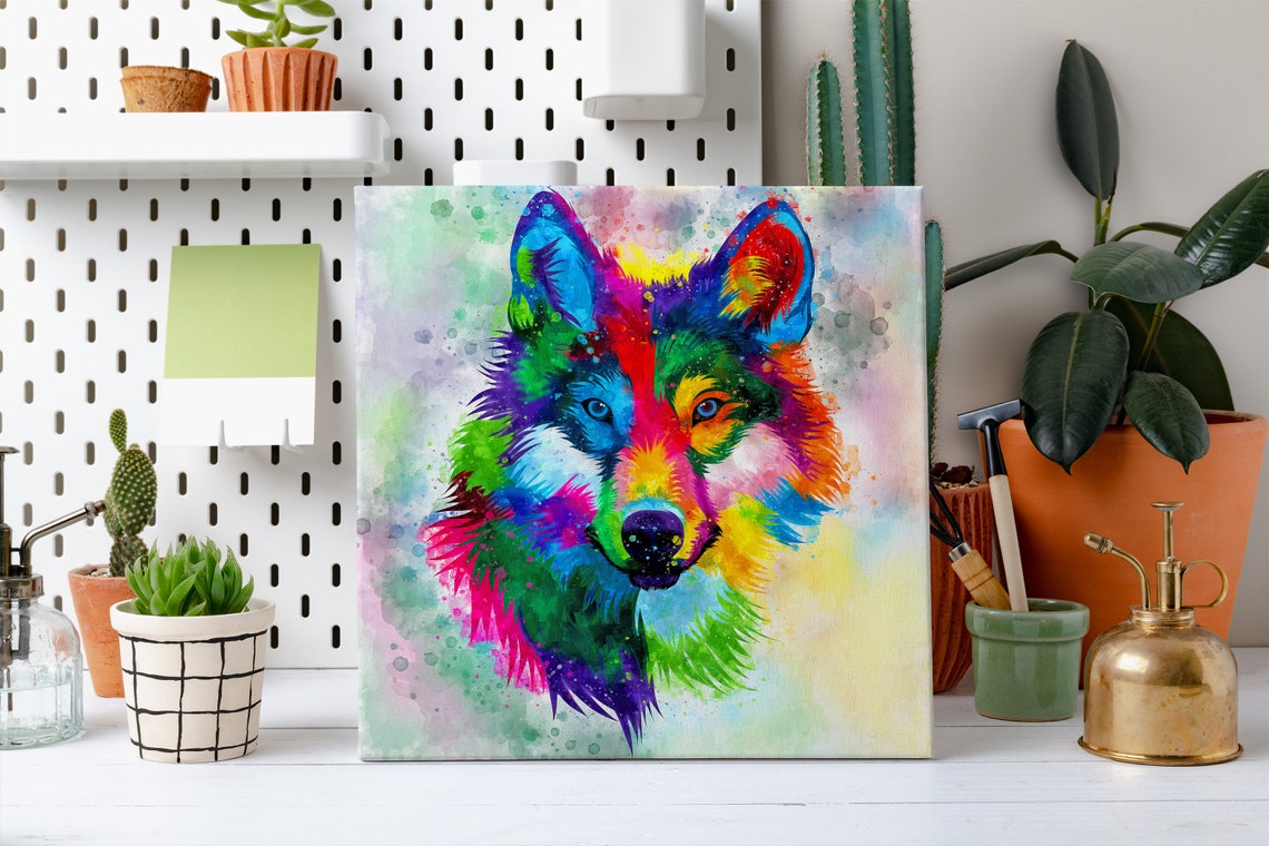 Wolf Rainbow Watercolor Front Portrait Head Abstract Art Poster - Image 2
