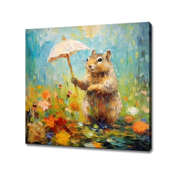Cute Squirrel Holding Umbrella Colourful Portrait Painting Pet Wall Art Print Poster