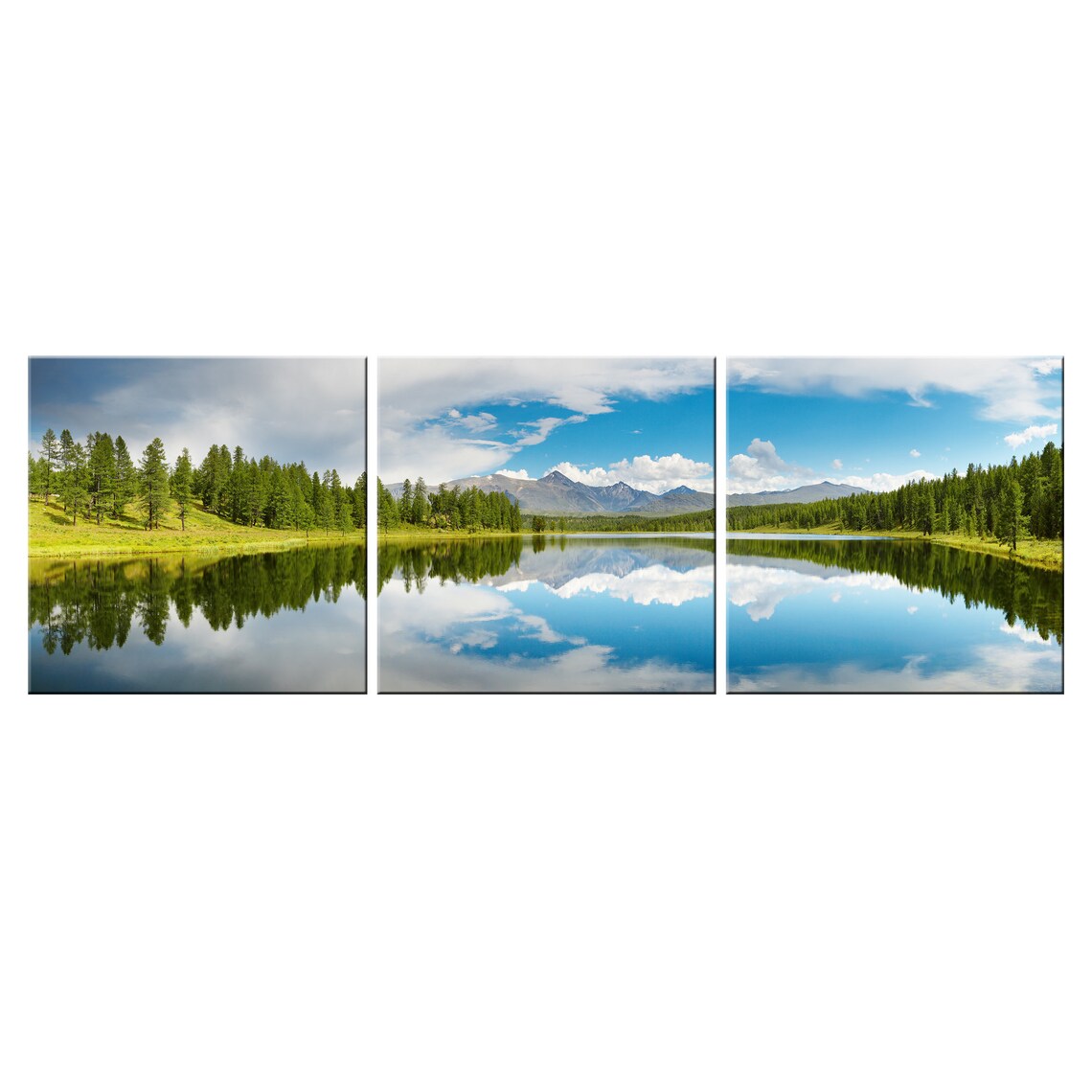 Blue Lake Reflection Mountains View Green Trees 3 Panels Modern Design Home Decor Print Wall Art Picture