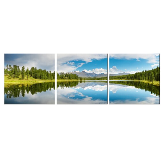 Blue Lake Reflection Mountains View Green Trees 3 Panels Modern Design Home Decor Print Wall Art Picture