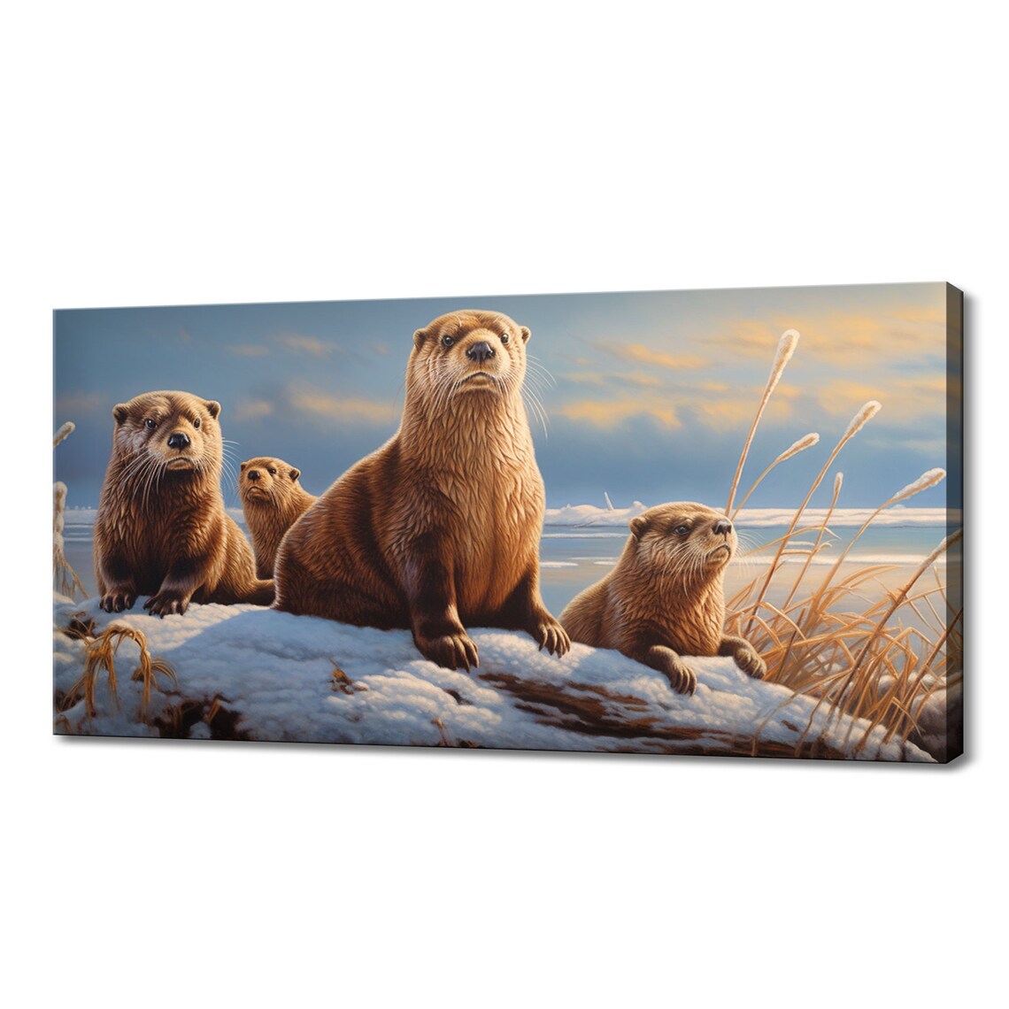 Otter Family Snowy Bank Dusk Reeds Frozen Lake Wildlife Animals Poster