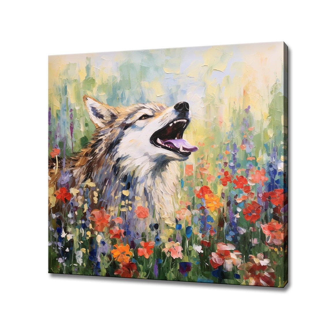 Howling Wolf in a Field of Wildflowers Oil Painting Poster Gift